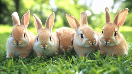 Obraz premium Five baby rabbits on green grass