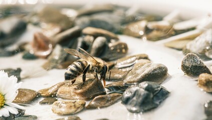 A Honey Bee delicately balances on small pebbles surrounded by shallow water. The bee is drinking....