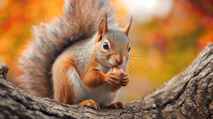 Obraz premium Squirrel enjoying a nut on a tree branch in autumn