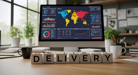 Computer screen displaying global delivery logistics data with delivery spelled out in blocks