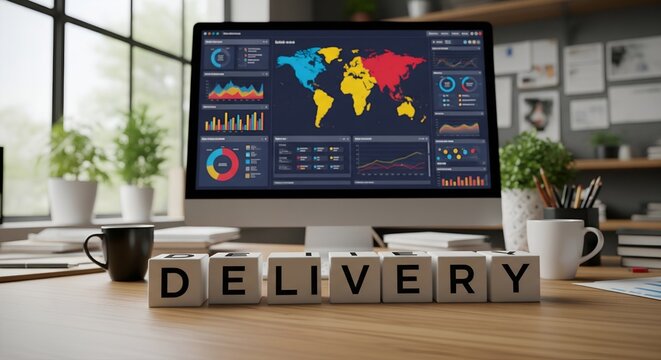 Computer screen displaying global delivery logistics data with delivery spelled out in blocks