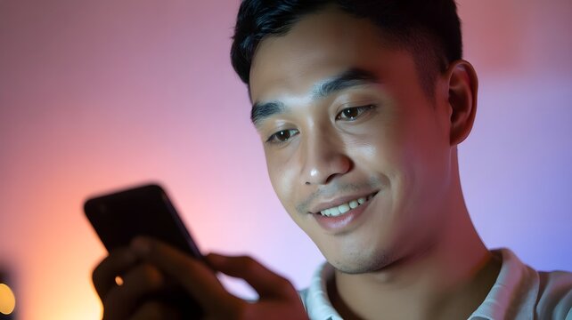 Happy Young Man Using Smartphone with Colorful Background