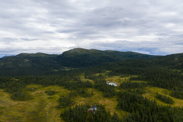 Remote cabin in a serene Nordic mountain and forest landscape.