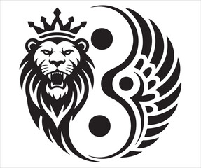 Silhouette of crowned lion with yin yang symbol and wing design representing balance power strength spirituality harmony leadership courage royalty abstract emblem illustration
