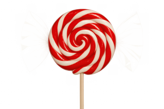 Red and white swirl lollipop rotating on transparent background