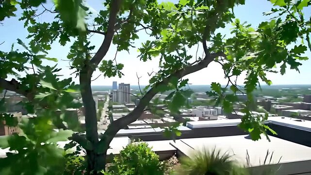 Serene of single tenacious tree growing on rooftop garden patch of green oasis overlooking the vast concrete expanse of the cityscape
