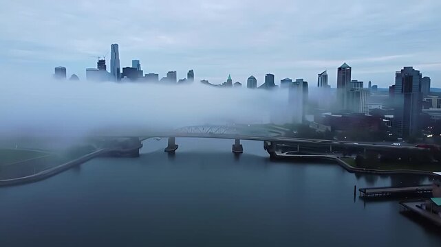 Dense fog bank time lapse rolls in from water, engulfing city waterfront and bridges, leaving only tallest building tops visible.