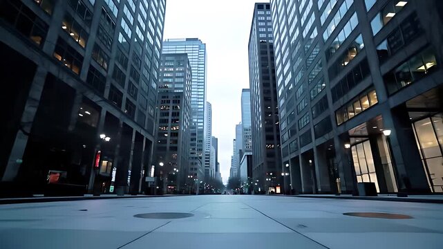 Eerie deserted financial district on weekend morning, usually bustling streets silent and empty, amplifying skyscraper scale.