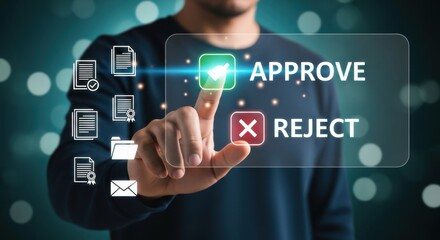 Persons finger pressing the approve button on a digital interface with icons of documents and folders