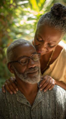 Couple enjoying a quiet moment together outdoors in a lush green setting