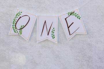 First Birthday ONE Banner Rustic Boho Party Decoration on Light Gray Background