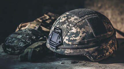 Fototapeta premium Military style helmet with camouflage patterns resting on a table beside essential gear in a desert setting The scene captures the ruggedness and readiness associated with this equipment
