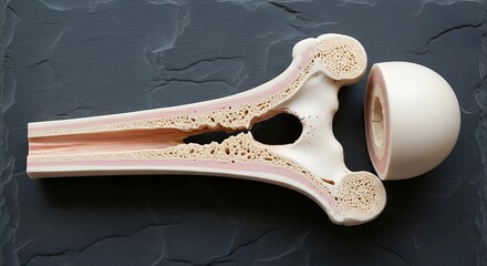 Detailed cross section model of a healthy human long bone showing internal structure and joint