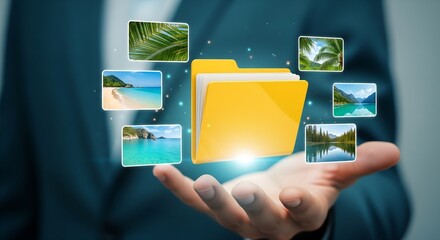 Digital folder with glowing images of tropical destinations floating above an open hand