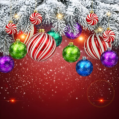 Festive Christmas Ornaments on Snow-Covered Branches: Red Background, Sparkling Lights, Candy Cane Design