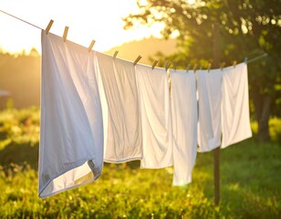 White laundry drying in a sunny field
