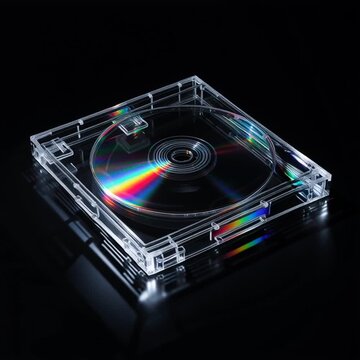Compact disc in a clear jewel case rotating on a black background