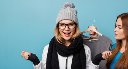 Happy woman in winter fashion shopping with a friend. Young blonde model in a beanie and glasses choosing clothes. Studio portrait with copy space on a blue background