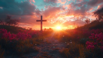 Fototapeta premium A solitary cross stands silhouetted against a vibrant radiant sunset over a flowering meadow with a winding path