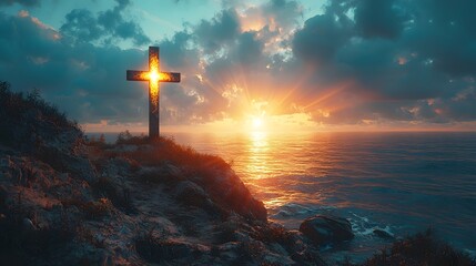 A cross stands on a cliff overlooking the ocean at sunset bathed in radiant golden light