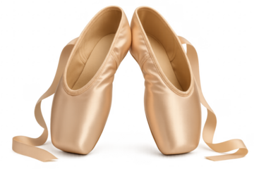 Pair of New Satin Ballet Pointe Shoes with Ribbons on Transparent Background