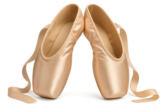 Pair of New Satin Ballet Pointe Shoes with Ribbons on Transparent Background