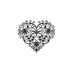 Intricate black filigree heart ornament with floral details and swirling patterns