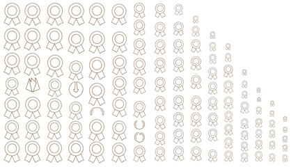Outline drawing of award ribbons arranged in rows decreasing in size on a white background space
