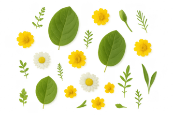 Yellow and White Flowers with Green Leaves on Transparent Background