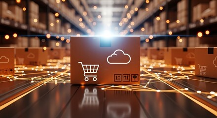 E commerce shipping box with cloud and shopping cart icons in a futuristic warehouse