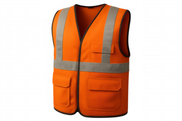 Close-up of a high-visibility orange safety vest featuring reflective stripes, pockets, and a transparent background, ensuring worker safety and visibility