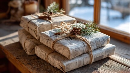 Creative eco friendly Christmas gift wrapping using recycled paper and natural decorations at a cozy winter setting