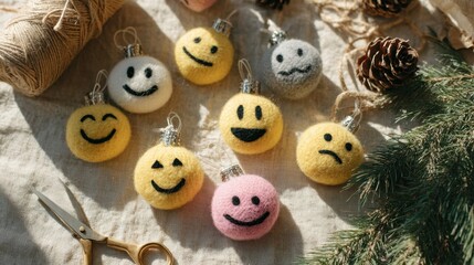 Obraz premium Colorful emoji inspired Christmas ornaments arranged on a table surrounded by festive decorations and crafting supplies