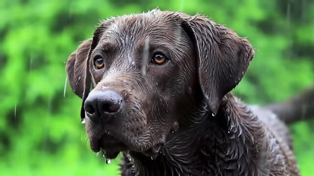 Chocolate labrador in the rain