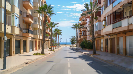 Fototapeta premium Generic stock image of a residential urban street with apartment buildings, balconies, asphalt road and sidewalks, created for real estate and housing use in southern Europe. Not a specific location. 