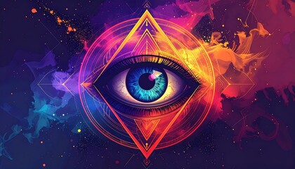 Mystical all-seeing eye design, set against a vibrant galaxy-like background, symbolizing intuition, wisdom, and inner vision with sacred geometric elements