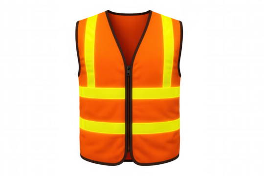 Close-up of an orange safety vest featuring yellow reflective stripes, ensuring high visibility in hazardous environments, isolated on a transparent background