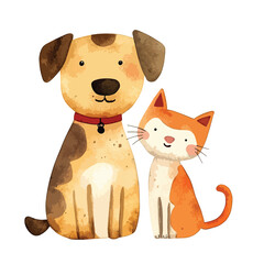 Watercolor Style Dog with Red Collar and Orange Cat Sitting Together