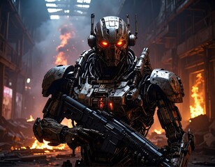 Fototapeta premium Cybernetic warrior in a ruined city