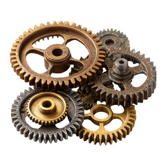 Group of old rusty and metallic gears interlocking and isolated on transparent background