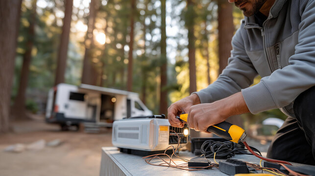 A traveler repairs an RV generator at a campground with tools clanking wires reconnecting a manual open and a forest in the background presented in a technical photo with tool