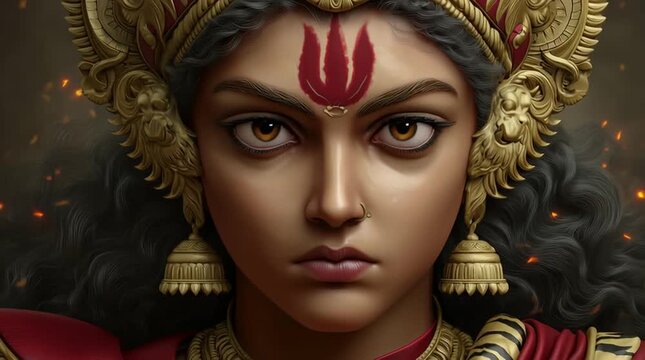 Portrait of a Meditating Hindu Goddess with Golden Ornaments