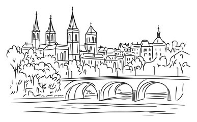 European Old Town River Bridge Skyline Sketch Vector – Historic Cityscape with Towers, Domes and Trees for Travel Posters and Souvenirs