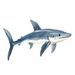 Fototapeta premium Watercolorstyle illustration of a blue shark with visible teeth and fins