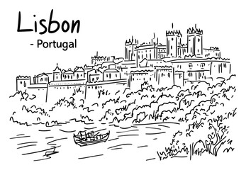 Lisbon Castle Hill Panorama Sketch Vector – Portuguese Cityscape with Castelo de São Jorge, Tagus River and Boat for Travel Posters, Souvenirs, Guidebooks
