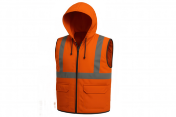 Studio shot of an orange high-visibility safety vest with a hood, ensuring maximum visibility and protection in hazardous work environments