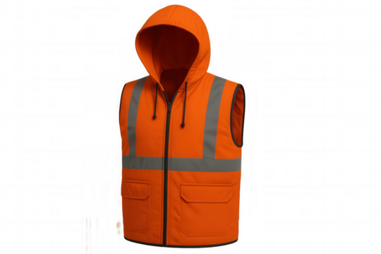 Studio shot of an orange high-visibility safety vest with a hood, ensuring maximum visibility and protection in hazardous work environments