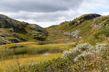 Rugged Norwegian Mountain Landscape with Tarn and Autumn Colors