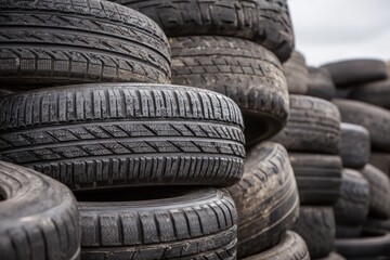 Close-up of stacked car tires. A pile of black rubber tires is stacked up high, ready to be recycled into new products. Environmental sustainability, industrial. Stack of sturdy, reliable car tires.