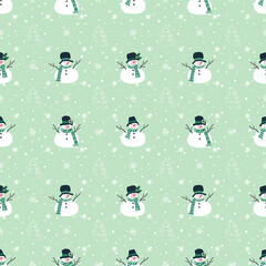 Christmas Background. Seamless Winter Pattern with Funny Snowmen, Fir Trees, Snowflakes. Vector illustration on Green Background